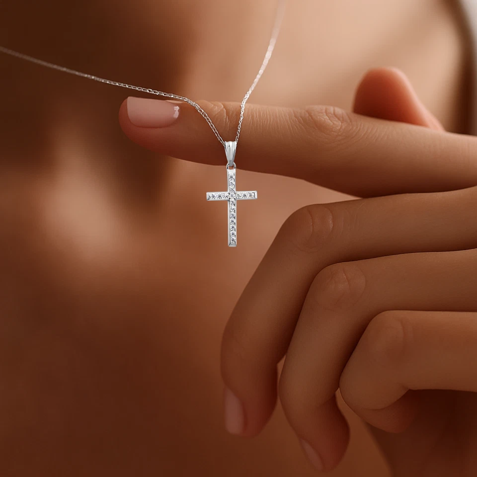 Collar con colgante de circonita cúbica cristiana delicada cruz blanca maciza real de 14K 18 pulgadas Foto 3 de 4