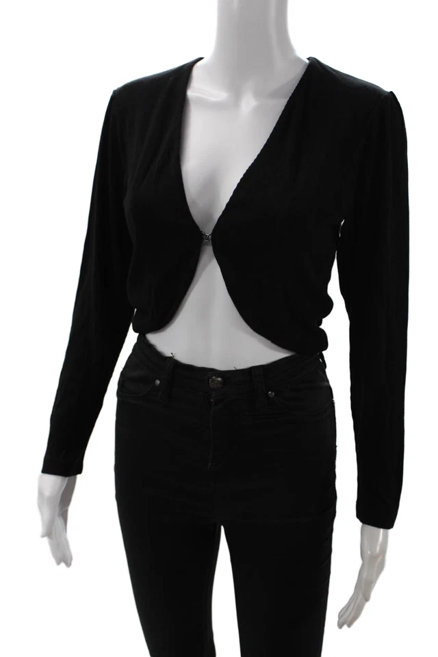 LNA Womens Ribbed Long Sleeve Hook + Eye Closure Crop Top Black Size S - Image 2 of 4