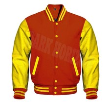 Varsity Letterman Orange& Yellow Cowhide Leather Bomber College Baseball  Jacket