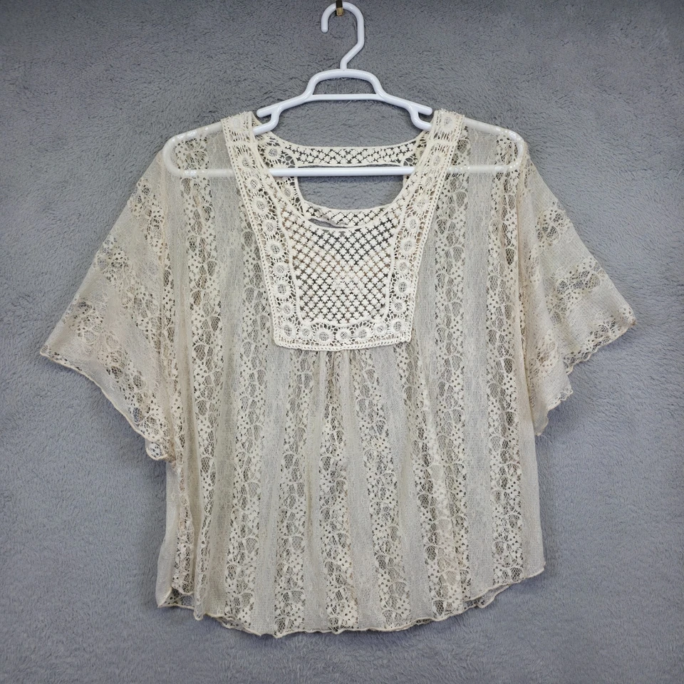 Top Lujoso Vintage Mujer 2X Crema Encaje Crochet Floral Transparente Boho Kimono Cubierta Foto 2 de 4