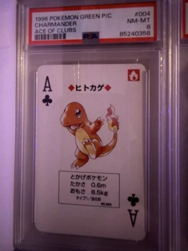 1996 Pokémon Charmander Green Back Poker Playing Card Ace of Clubs, PSA 8