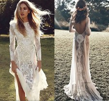 New Exquisite Lace Wedding Dress Boho Chic Long Sleeve Backless Bridal Gowns