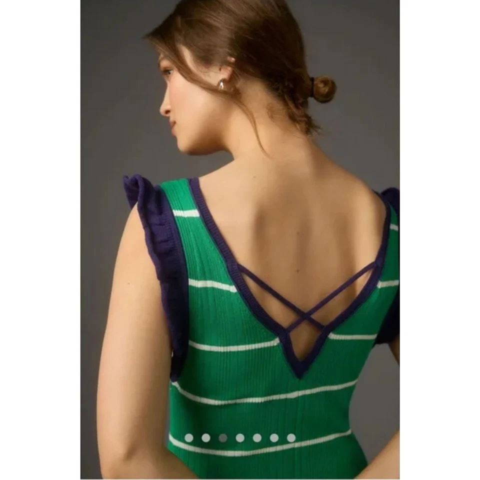 Daily Practice Anthropologie 针织条纹迷笛连衣裙大号 Kelly 绿色学院风 — 第 3/4 张图片