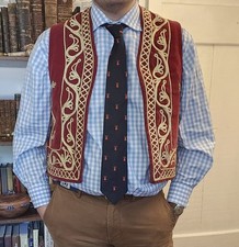 Vintage Traditional Afghan Vest Red Velvet Gold Thread From 1950s Fits M/L