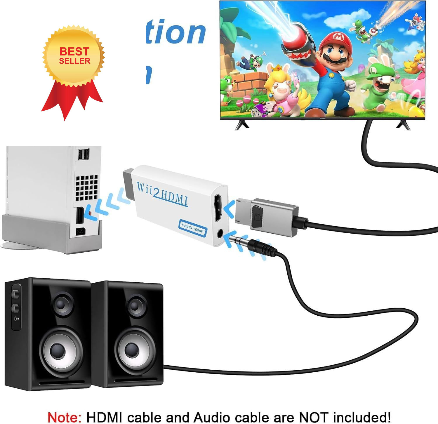 Herfair Wii to HDMI Adapter, 1080P Converter for Adapter-White, White 