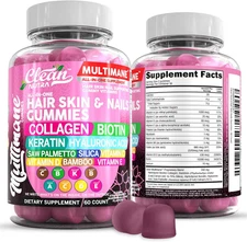 Clean Nutraceuticals Biotin Collagen Keratin Gummies Hair Skin Nails Suprt 60 Ct