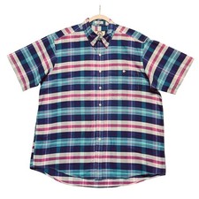 Sears Roebuck Button Down Shirt Mens Lrg Short Sleeve Plaid Blue Pink 90s Vntg