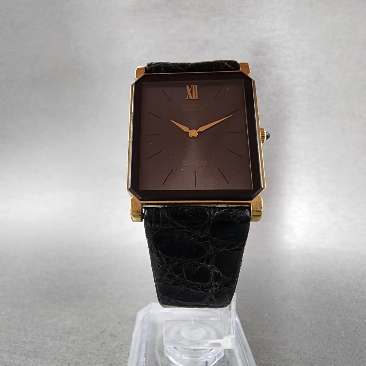 Seiko Dolce Tank Watch Men 25mm Black Dial Gold Tone Octagon 7730