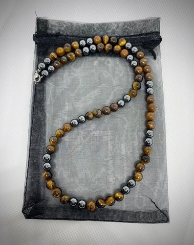 Natural Tiger's Eye Silver Hematite Smooth Round Gemstone Beads 24" Necklace Men - Picture 6 of 8