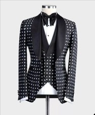 Premium Men's Polka Dots Shawl Lapel Blazer Groom Tuxedos Wedding 3 Piece Suit