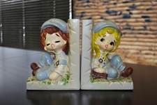 Vintage Chalkware Girl  Boy Bookends Heavy Great Condition No Chips Or Cracks