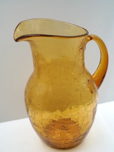 Pilgrim / Blenko Art Glass Amber Crackle Glass Hand Blown Water Pitcher Jug