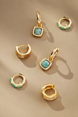 NWT Anthropologie Ribbed Stone Huggie Earrings, Set of 3, Mint SRP $58