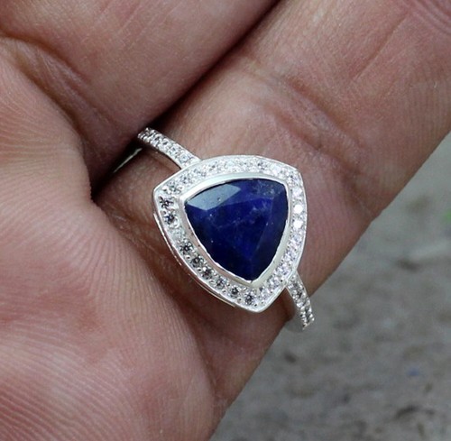 Sapphire Ring,CZ Halo Ring,Gemstone Jewelry,Handmade 925 Silver Ring, KR1202 - Picture 6 of 7