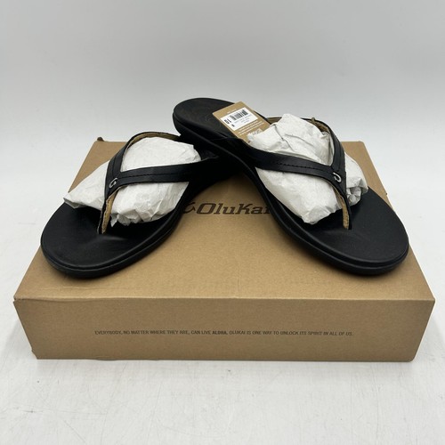 Olukai Honu Damen-Strandsandalen, Vollnarbenleder, schwarz, Größe 10