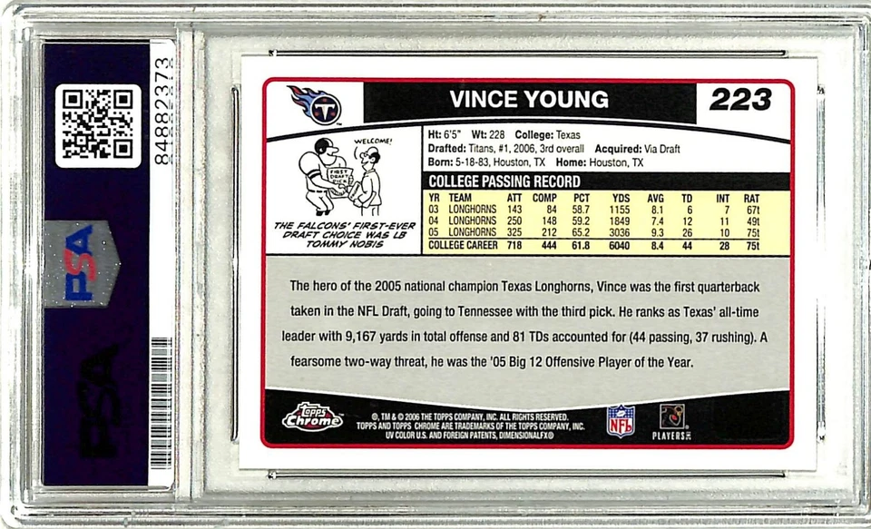 Tarjeta de novato Topps 2006 cromada firmada por Vince Young Titans #223 PSA/ADN 10 losas Foto 3 de 3