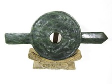 Large Chinese Nephrite Spinach Jade Bi Disc with Double Chilong Carving on Hand-