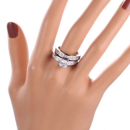 Women Stainless Steel Wedding Rings Cubic Zircon Engagement Jewelry Size 6-10 - Afbeelding 1 van 10