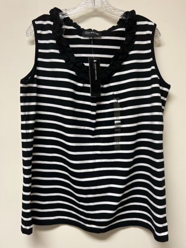 Jones New York Sleeveless Blouse Women’s Plus 1X Black White Stripe Ruffle NWT