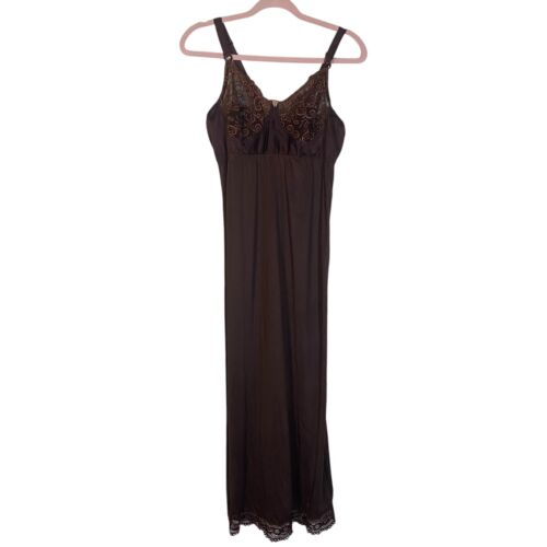 Vintage Silky Nylon Full Dress Slip Embroidery Chantilly Lace Medium Brown - Picture 2 of 19