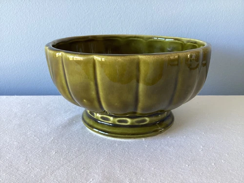 Vintage McCoy Pottery Green Floraline 494 Green Round Bowl Planter Pot