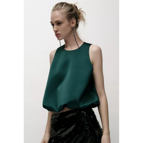 ZARA NUEVO SIN ETIQUETAS TOP GLOBO SATINADO MUJER EN BOTELLA VERDE-TALLA MEDIANA