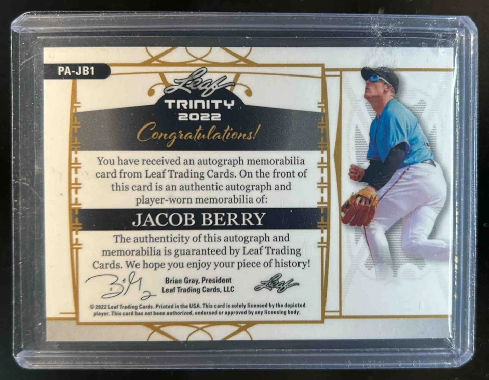 2022 Leaf Trinity Jacob Berry Patch Auto Foil RC Silver Rookie #/99 - Image 2 of 2