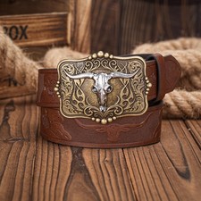 Western Belt for Men Women Cowboy Leather Belt Western Buckle Cowgirl Engrave...