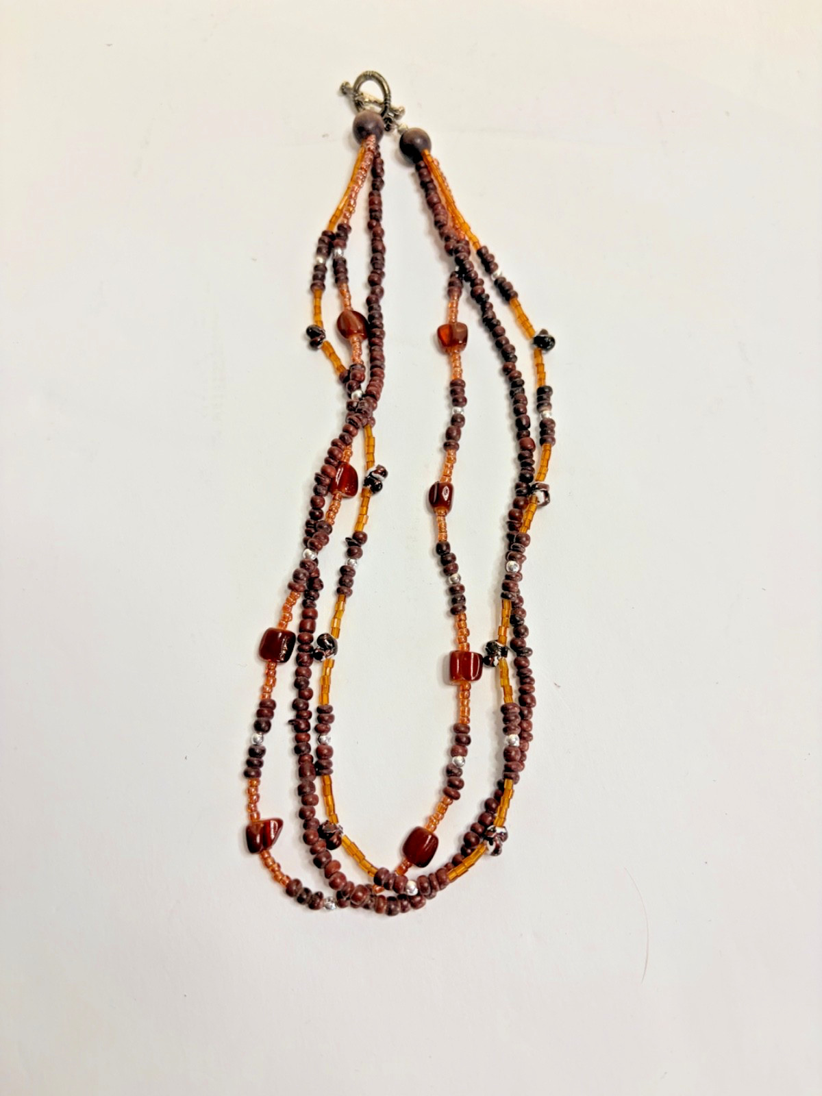 Multi Strand Beaded Necklace Brown Amber Glass Wood Seed Bead Boho Vintage