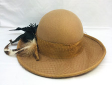 Vtg EXCELLO MME. Esther 1950s Brown Felt Wool Hat Feather Trim Round Full Brim