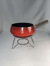 VTG MCM Orange Enamel Aluminum Fondue Pot Set Stand & Burner Wood Handle Retro