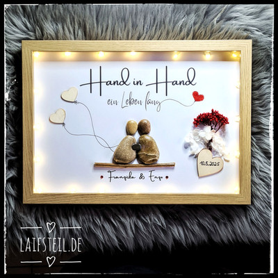 Hochzeit  ''Hand in Hand '' großes Steinbild personalisiert  incl LED  handmade 