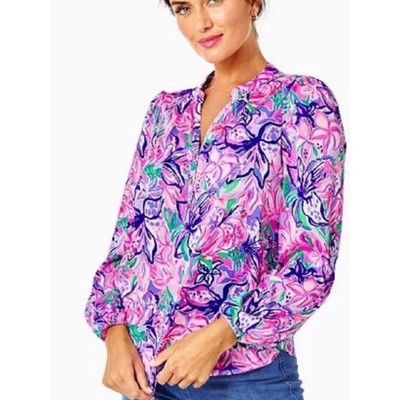 Lilly Pulitzer Marvelle Blouse ''Isn't She Lilly'' Floral Print Gold Buttons XXS