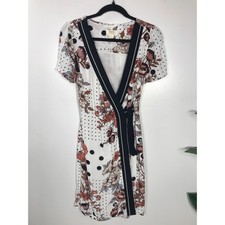Anthropologie Maeve Aubrey White Black Pink Floral Wrap Short Dress 2 Vacation