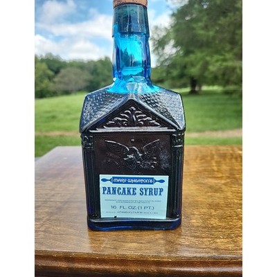 VTG FULL BOTTLE MARY WHEATON'S PANCAKE SYRUP COBALT BLUE GLASS PAUL REVERE