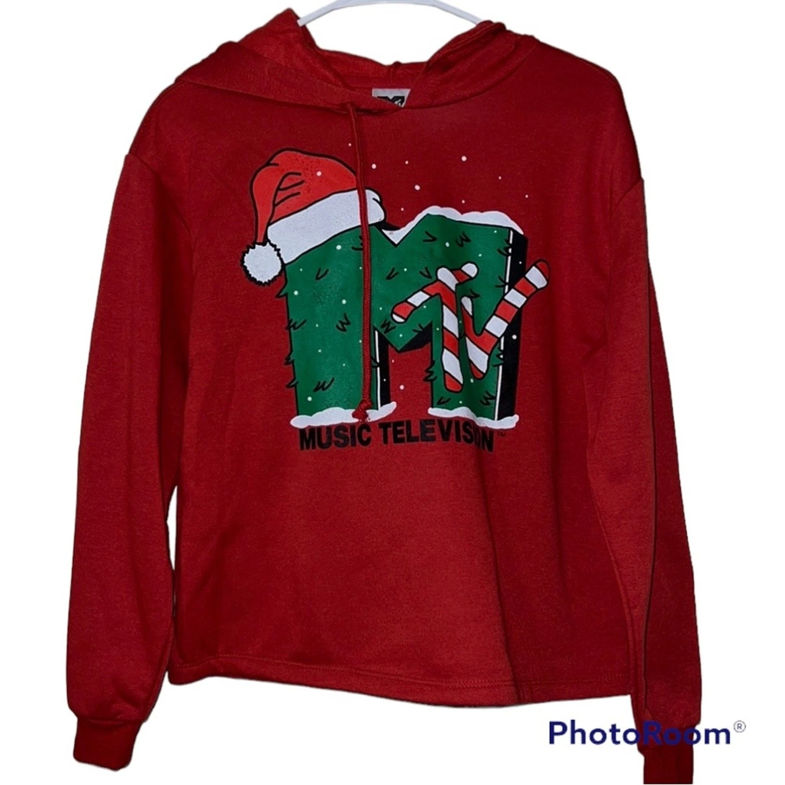 MTV holiday logo cropped fit graphic hoodie juniors SM drawstrings long sleeve