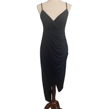 Y2K Bebe Asymmetric Hem Black Midi Slip Dress 8 Ruched Bodycon Cocktail Party