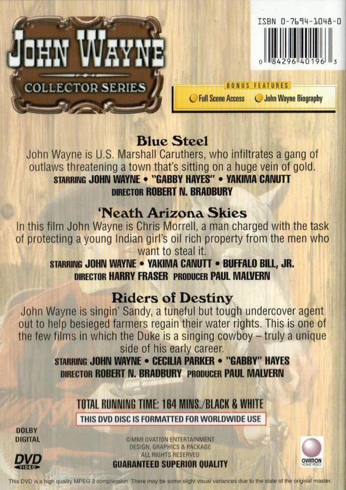 John Wayne: Blue Steel / 'Neath Arizona Skies / Riders of Destiny (DVD) НОВЫЙ - Изображение 2 из 2
