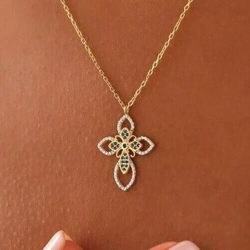 2Ct Round Cut Lab Created Blue Sapphire Cross Pendant 14k Yellow Gold Plated - Picture 2 of 5