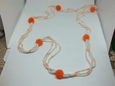 Beautiful Necklace Multi Strand Orange Peach White Beads 32" Over Head