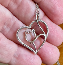 Sterling Silver Diamond Cat Sitting in a Heart Pendant with Rope Chain