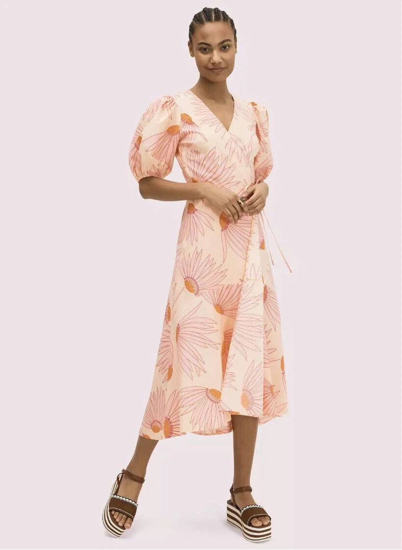 Abito midi Kate Spade NY rosa che cade fiori manica avvolgente passerella taglia 00 XXS