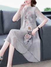 Female Faux Silk Elegant Knee Length Dress Summer Loose Fashion Floral Print