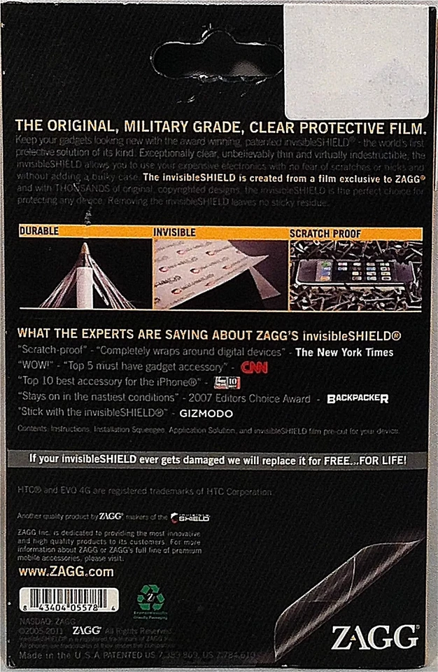NEW ZAGG HTC EVO 4G invisiblSHIELD MILITARY GRADE ANTI-SCRATCH SCREEN PROTECTOR - Image 4 of 4