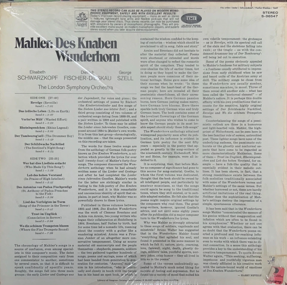 MAHLER-DES KNABEN WUNDERHORN-FISCHER-SZELL-ORIGINAL ANGEL S-36547 STEREO VINYL Foto 2 de 2