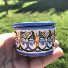 Hand Made Hand Painted Small Pottery Trinket Box Blue Whimsical Jewelry Rings
