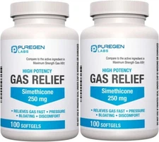 Puregen Gas Relief Simethicone 250 mg 100 Softgels Pack of 2