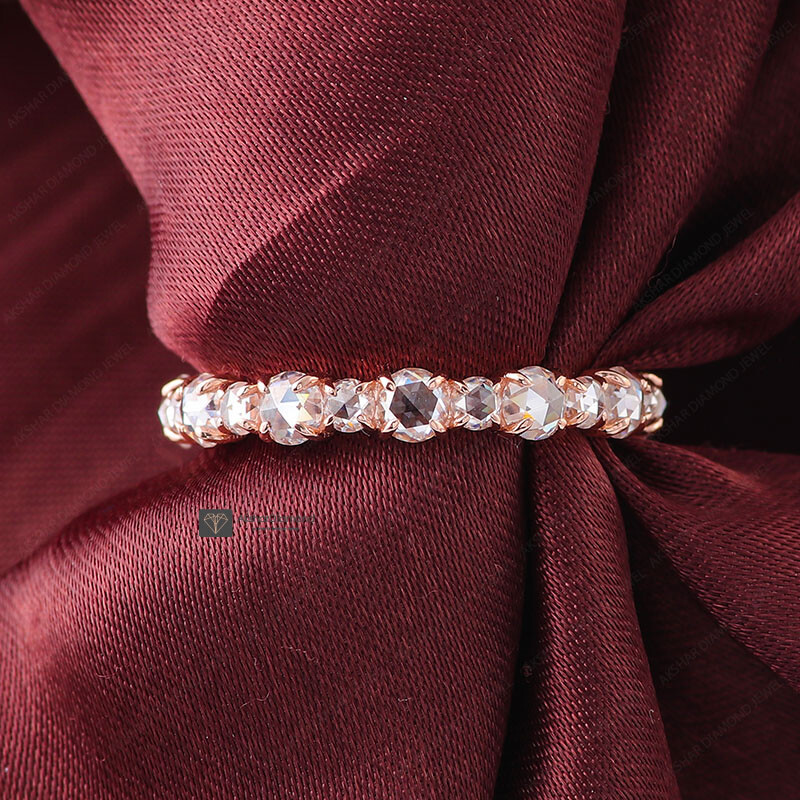 Rose cut Half Eternity Wedding Band, 14k Solid Rose Gold, Stacking Ring Band