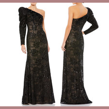 NWT Mac Duggal [ 2 ] 12444 Embellished One Puff Sleeve Trumpet Gown Black J1584