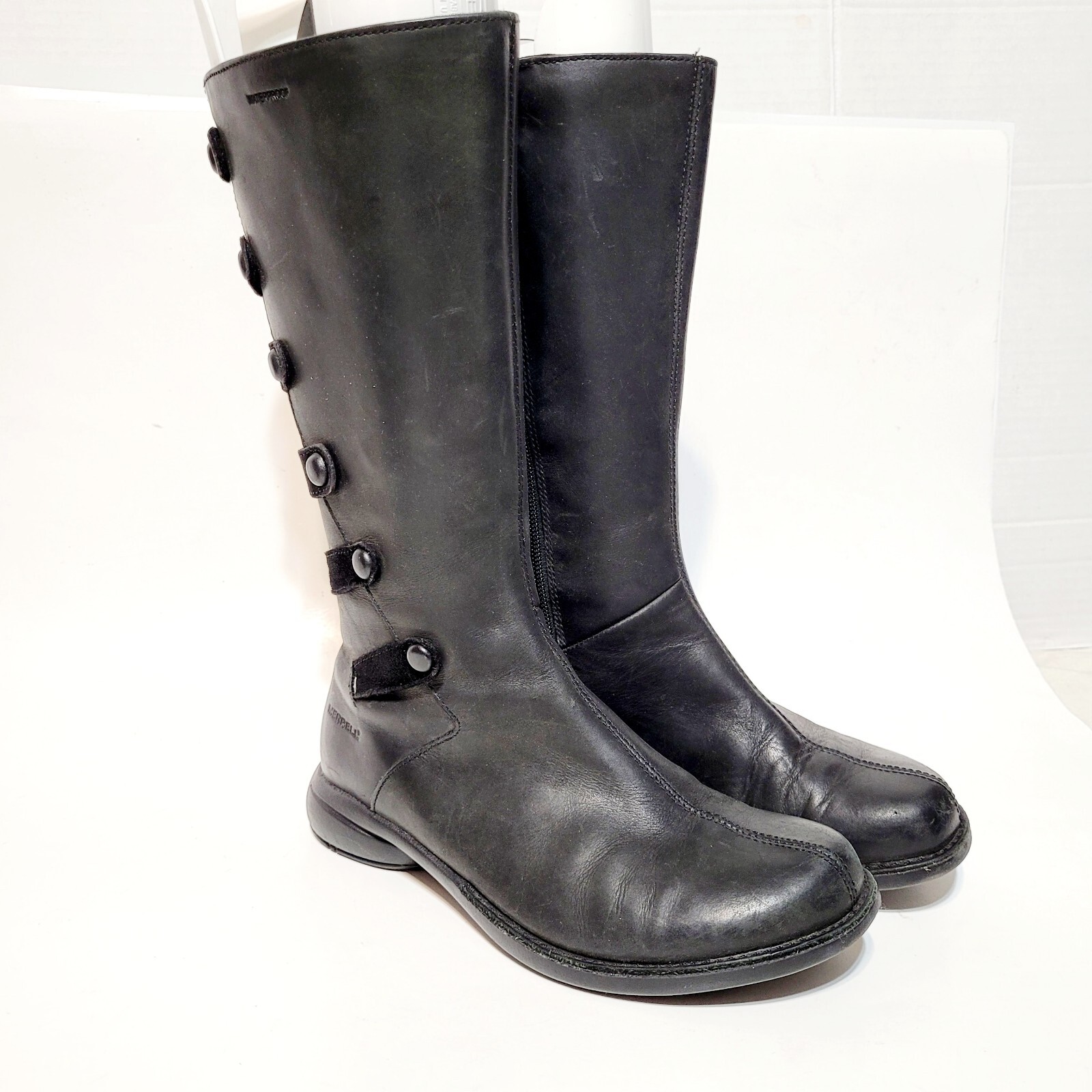 Stivali MERRELL Tetra Launch impermeabili in pelle con zip moto neri metà polpaccio Wms 5US